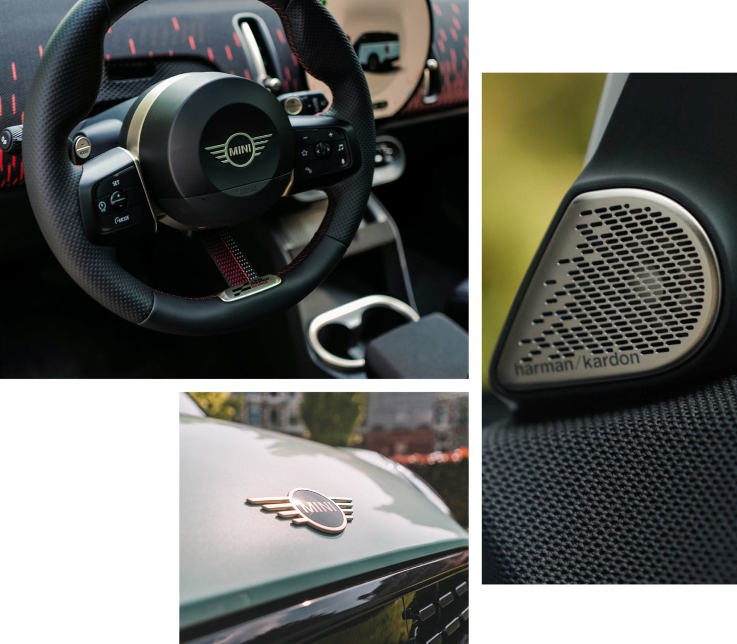 a close-up of a JCW Steering Wheel, the Harman Kardon Premium Sound System, and the MINI Logo.